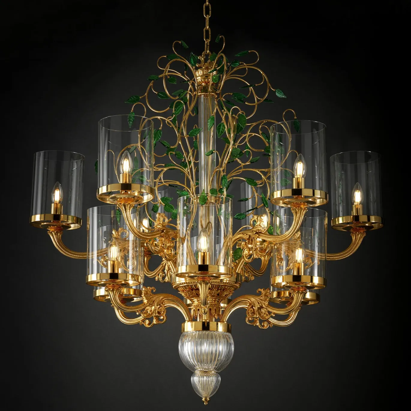Lampadario Foliage in Bronzo dorato con Foglie in Cristallo Verde