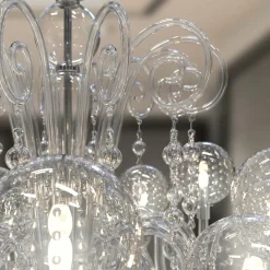 Lampadario Galileo a 12 luci in vetro di Murano color cristallino
