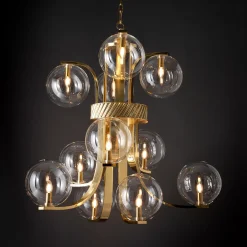 Lampadario Grande Bubble in Vetro Trasparente e Ottone di Studio Bojola