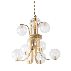 Lampadario Grande Bubble in Vetro Trasparente e Ottone di Studio Bojola