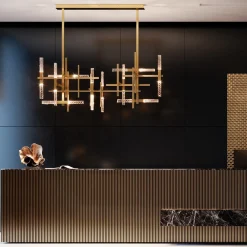 Lampadario grande in ottone e cristallo Mikado