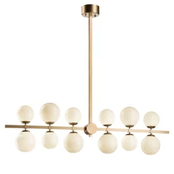 Lampadario In Metallo Finitura Oro Con 12 Sfere Di Vetro Bianco
