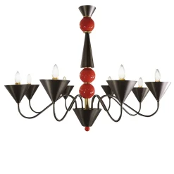 Lampadario in metallo marrone e oro con dettagli in vetro di Murano corallo