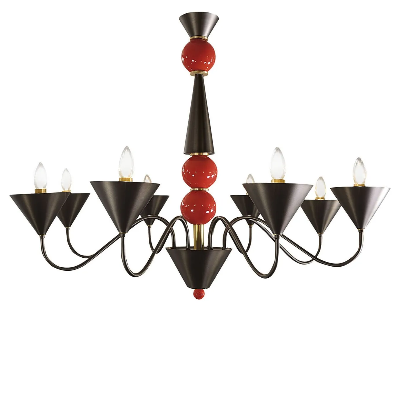 Lampadario in metallo marrone e oro con dettagli in vetro di Murano corallo