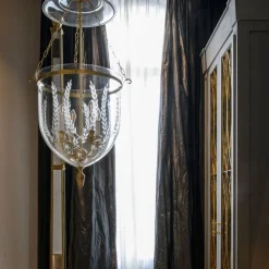 Lampadario in Ottone Classico e Vetro Inciso