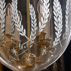 Lampadario in Ottone Classico e Vetro Inciso