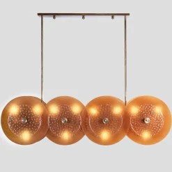 Lampadario in vetro ambra e ottone con quattro dischi