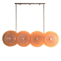 Lampadario in vetro ambra e ottone con quattro dischi
