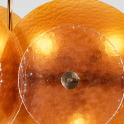 Lampadario in vetro ambra e ottone con quattro dischi
