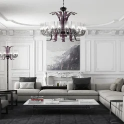Lampadario Leonardo a 20 luci in vetro di Murano color grigio e viola