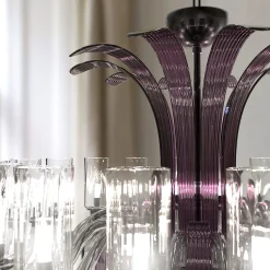 Lampadario Leonardo a 20 luci in vetro di Murano color grigio e viola