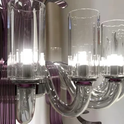 Lampadario Leonardo a 20 luci in vetro di Murano color grigio e viola