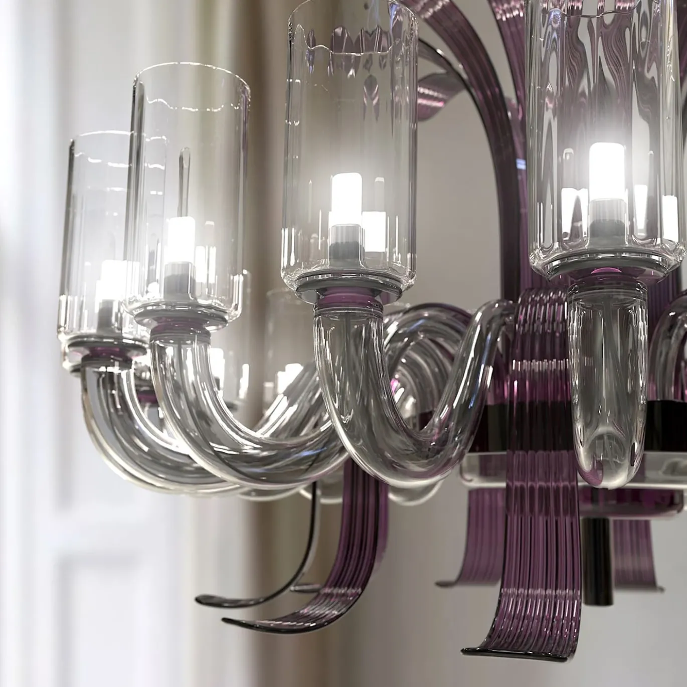 Lampadario Leonardo a 20 luci in vetro di Murano color grigio e viola