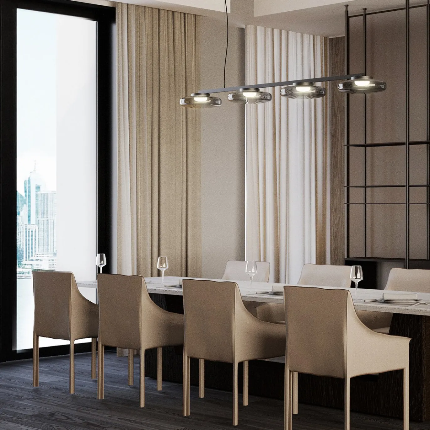 Lampadario Lounge Lineare in Vetro Grigio a Quattro Luci
