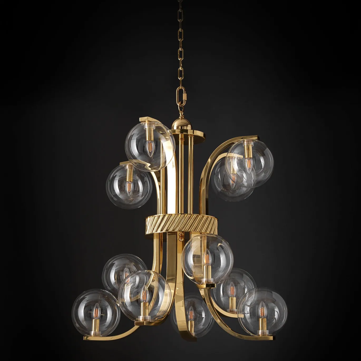 Lampadario Medio Bubble in Vetro Trasparente e Ottone di Studio Bojola