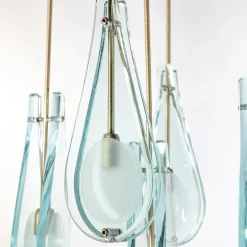 Lampadario Memory in Vetro Molato Azzurro Chiaro e Ottone