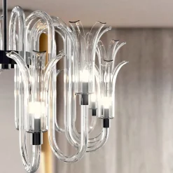 Lampadario Michelangelo a 12 luci in vetro di Murano color cristallino
