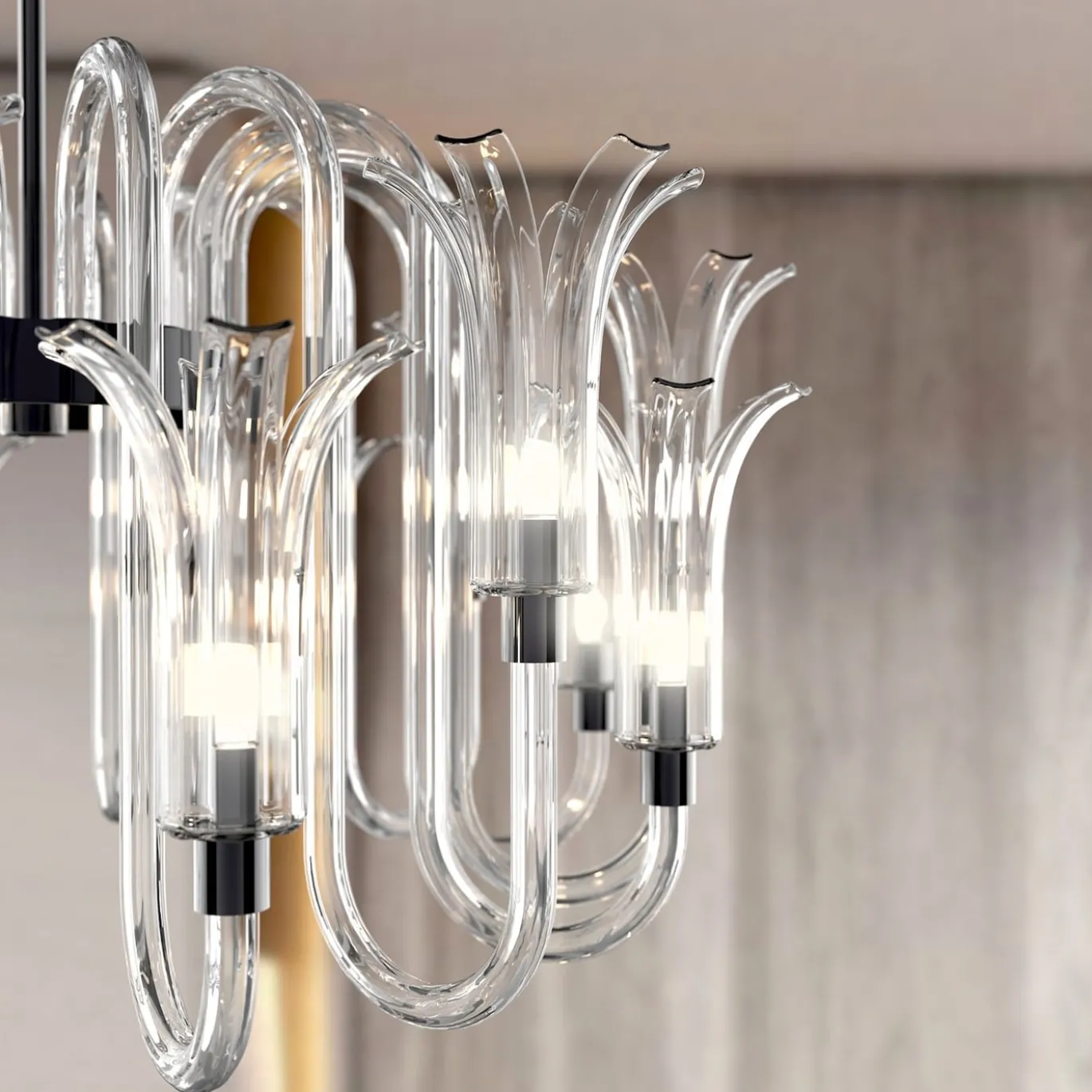 Lampadario Michelangelo a 12 luci in vetro di Murano color cristallino