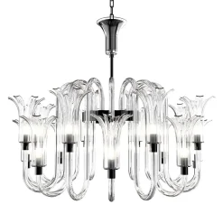 Lampadario Michelangelo a 12 luci in vetro di Murano color cristallino