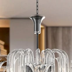 Lampadario Michelangelo a 12 luci in vetro di Murano color cristallino