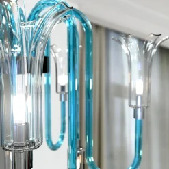 Lampadario Michelangelo a 10 luci in vetro di Murano color cristallo trasparente e azzurro