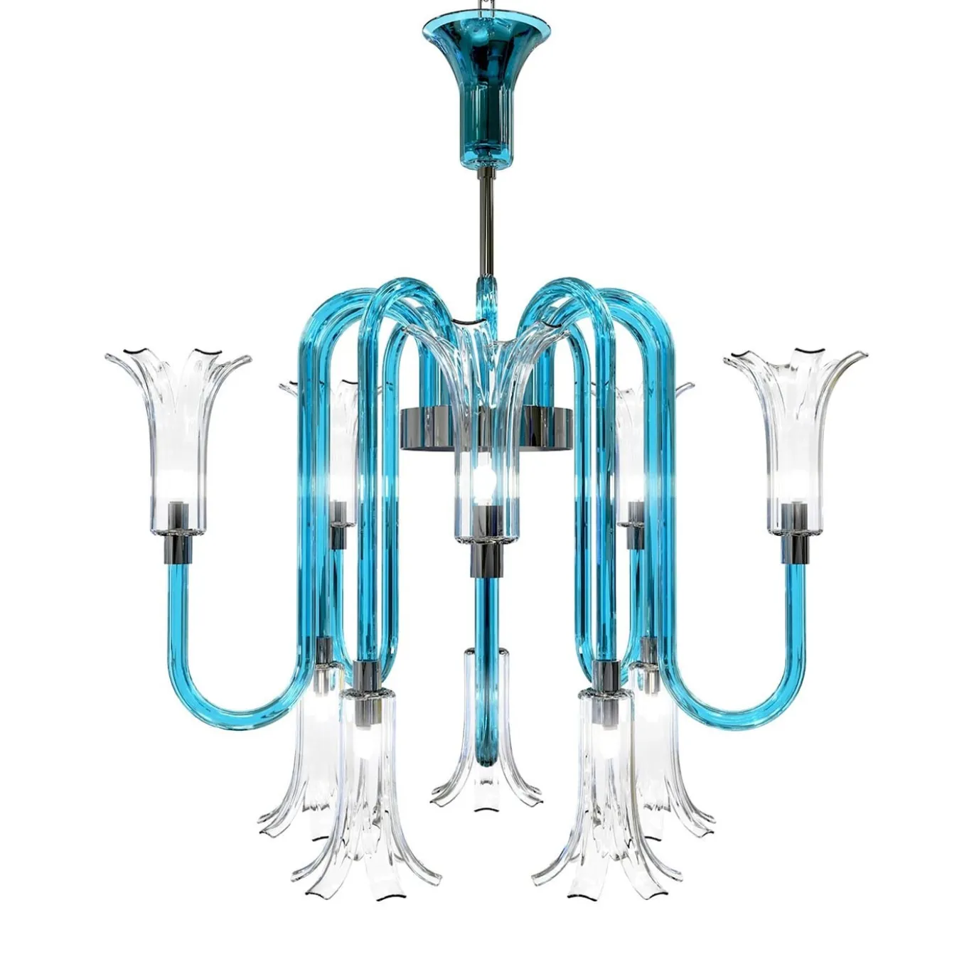 Lampadario Michelangelo a 10 luci in vetro di Murano color cristallo trasparente e azzurro