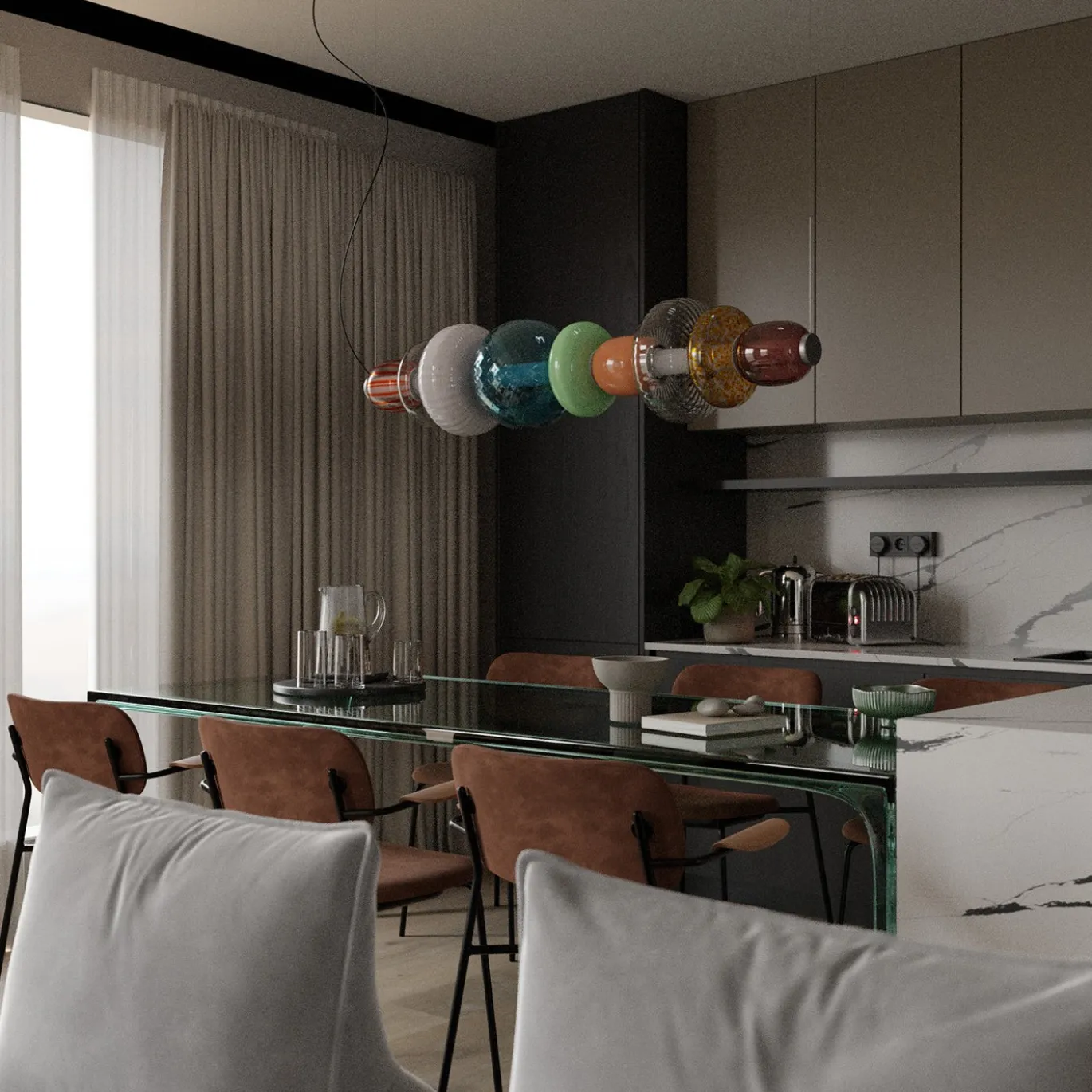Lampadario Orizzontale Playground 9 in Vetro