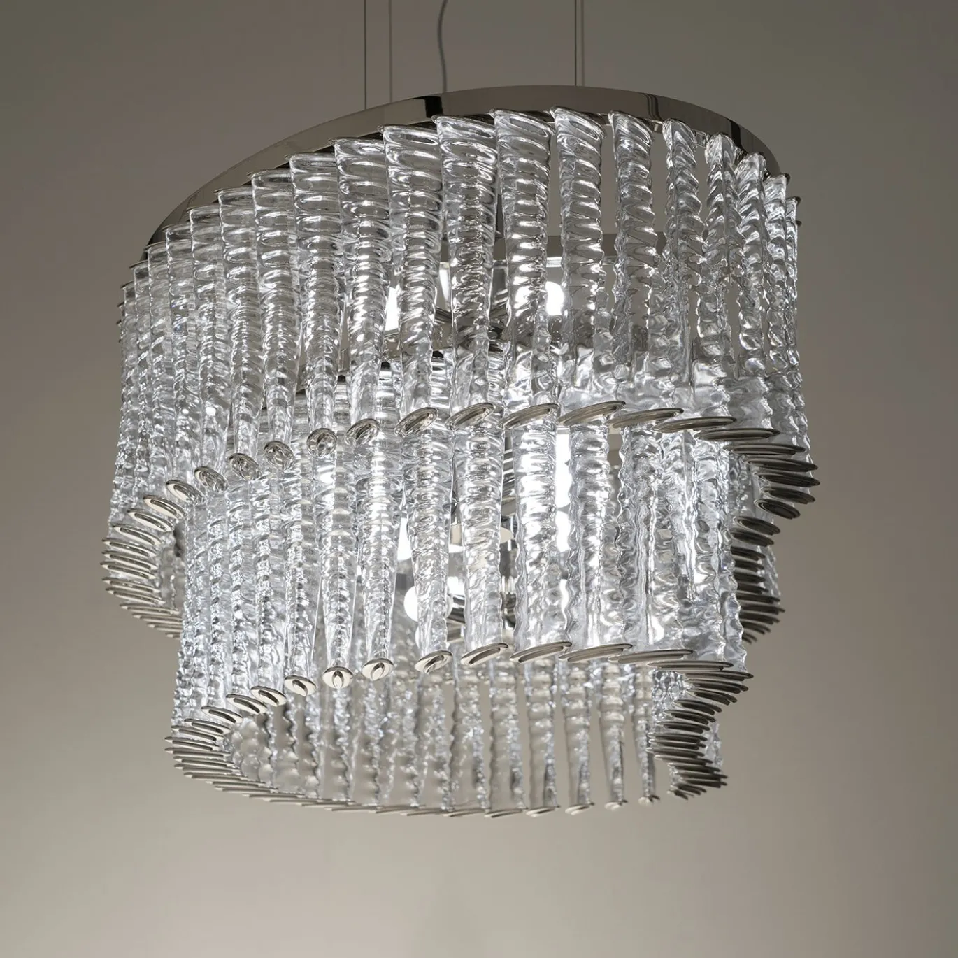 Lampadario ovale Cabaret CAB05 in nichel lucido e vetro trasparente