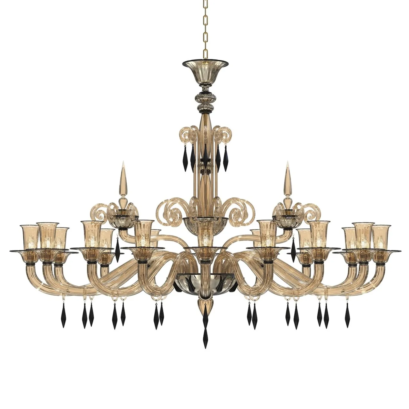 Lampadario ovale Cellini a 16 luci in vetro di Murano color fumè e nero