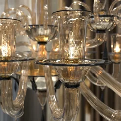 Lampadario ovale Cellini a 16 luci in vetro di Murano color fumè e nero