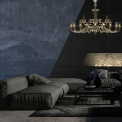 Lampadario ovale Cellini a 16 luci in vetro di Murano color fumè e nero