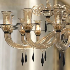 Lampadario ovale Cellini a 16 luci in vetro di Murano color fumè e nero