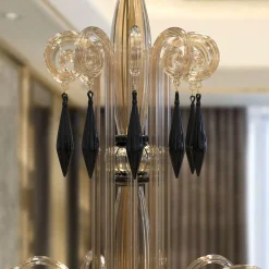 Lampadario ovale Cellini a 16 luci in vetro di Murano color fumè e nero
