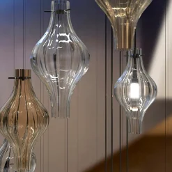 Lampadario Polani a 7 luci in vetro di Murano color fumè e cristallo trasparente