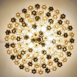 Lampadario Prismatico 91 Elementi in Vetro Compatto Ambra e Taupe
