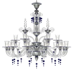 Lampadario Puccini a 18 luci in vetro di Murano color cristallo trasparente e blu