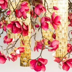 Lampadario quadrato Magnolia Flower Power con decorazioni dorate