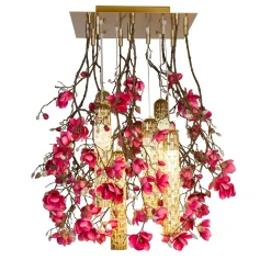 Lampadario quadrato Magnolia Flower Power con decorazioni dorate