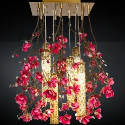 Lampadario quadrato Magnolia Flower Power con decorazioni dorate