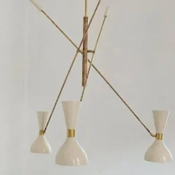 Lampadario regolabile a 3 bracci in ottone e avorio Contrappeso