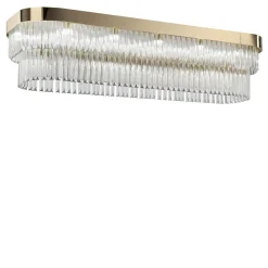 Lampadario Rettangolare In Vetro Trasparente Con Struttura In Metallo Finitura Oro A 22 Luci