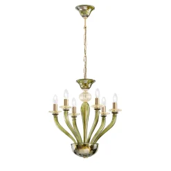 Lampadario Rosa a 6 Luci in Vetro Soffiato Verde Oliva