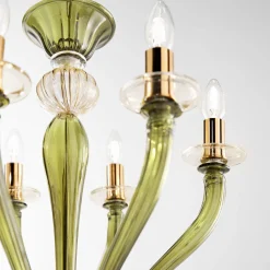 Lampadario Rosa a 6 Luci in Vetro Soffiato Verde Oliva