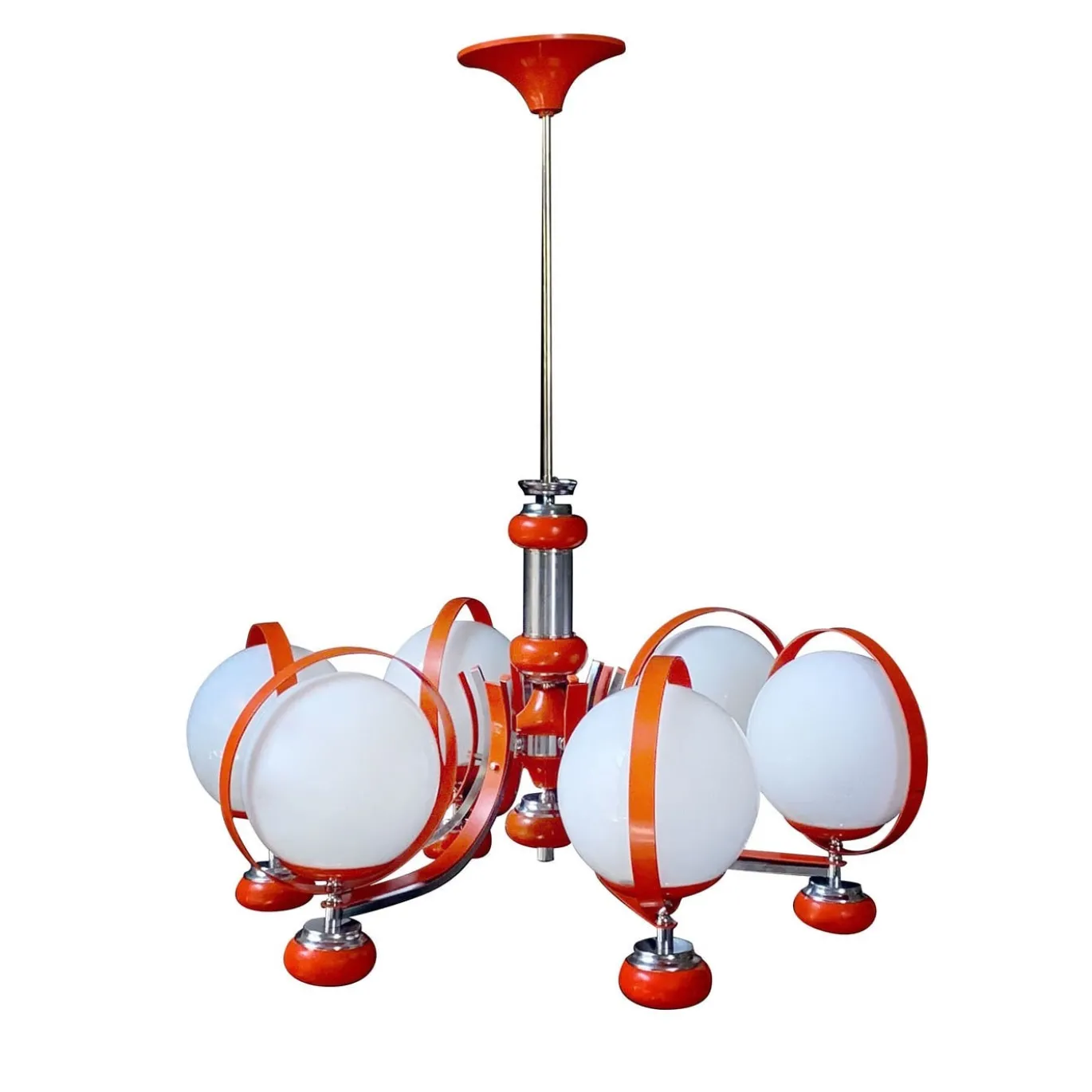 Lampadario rosso a 7 luci Stilnovo