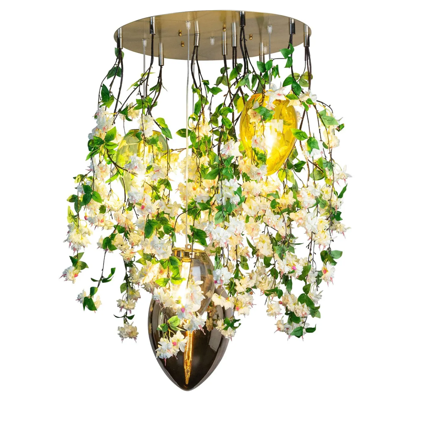 Lampadario rotondo a cascata Flower Power in cristallo bianco uovo