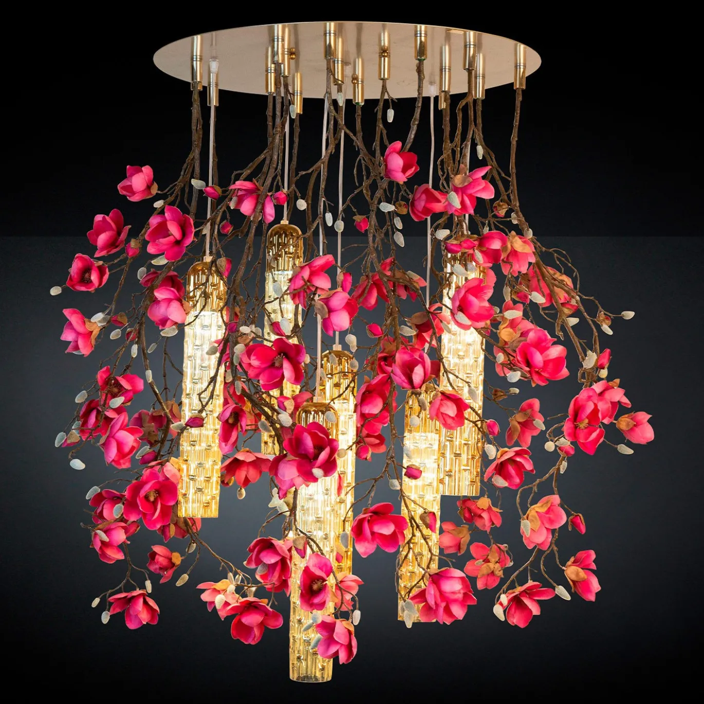 Lampadario rotondo grande Flower Power Magnolia rosa e oro