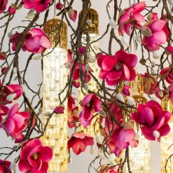 Lampadario rotondo grande Flower Power Magnolia rosa e oro