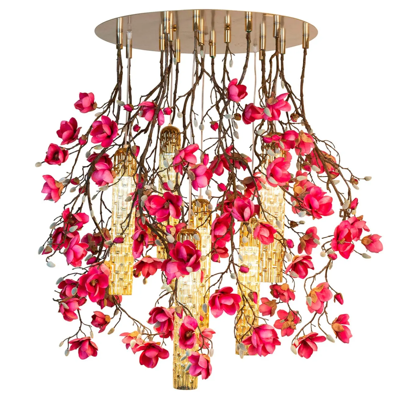 Lampadario rotondo grande Flower Power Magnolia rosa e oro