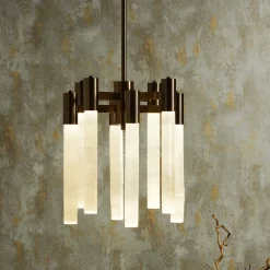 Lampadario Selene in bronzo spazzolato e selenite