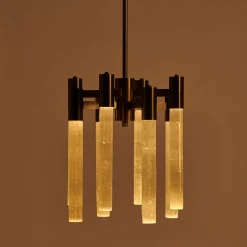 Lampadario Selene in bronzo spazzolato e selenite